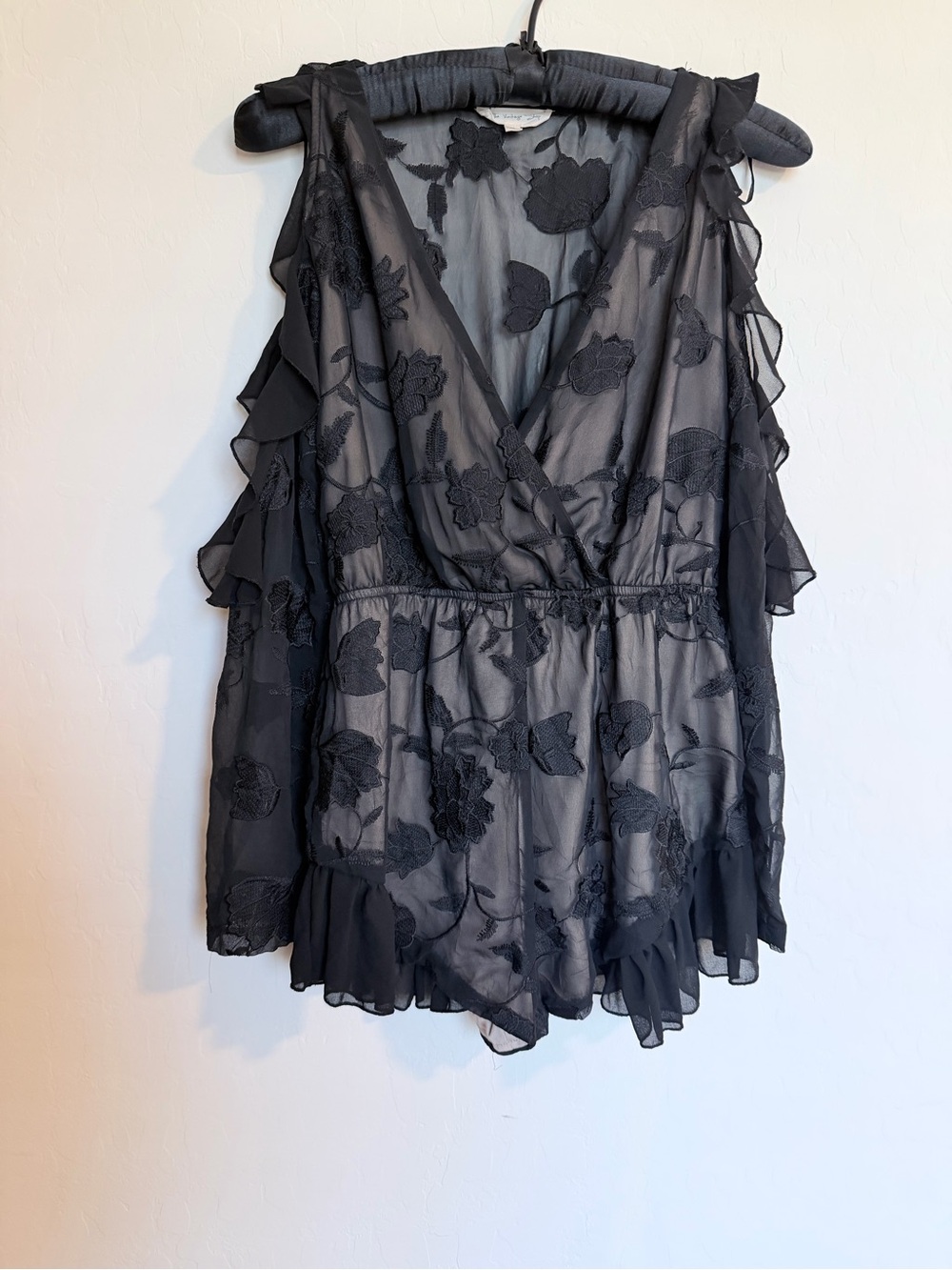 The Vintage Shop Black Sheer Floral-Embroidered Mini Romper